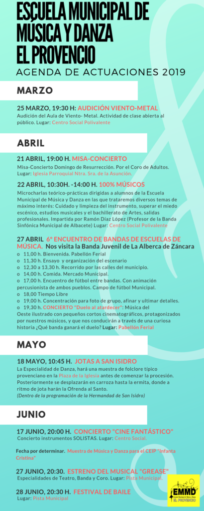 Agenda de actuaciones 2019 de la Escuela Municipal de Música y Danza de El Provencio