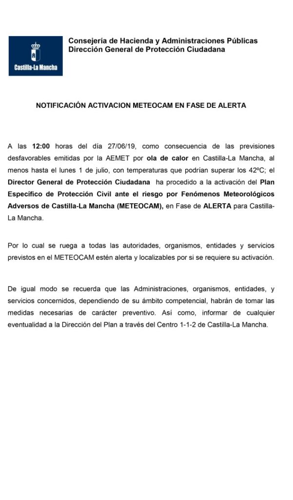 ATENCIÓN!!!! MUY IMPORTANTE!!!!!!!! ACTIVACIÓN DE FASE DE ALERTA POR OLA DE CALOR  Gracias por su atención.