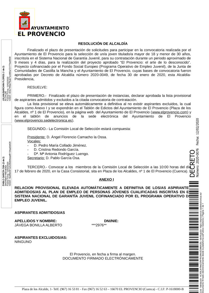 RELACIÓN PROVISIONAL DE LOS ASPIRANTES ADMITIDOS AL PLAN DE EMPLEO DE PERSONAS JÓVENES CUALIFICADAS